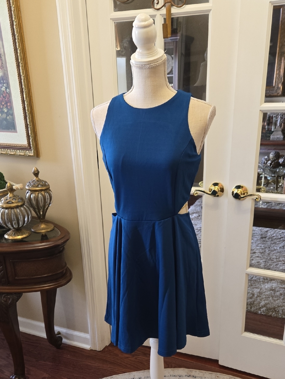 Belongsci Sleeveless Teal Fit-and-Flare Mini Dress Side Cut Outs Medium NEW